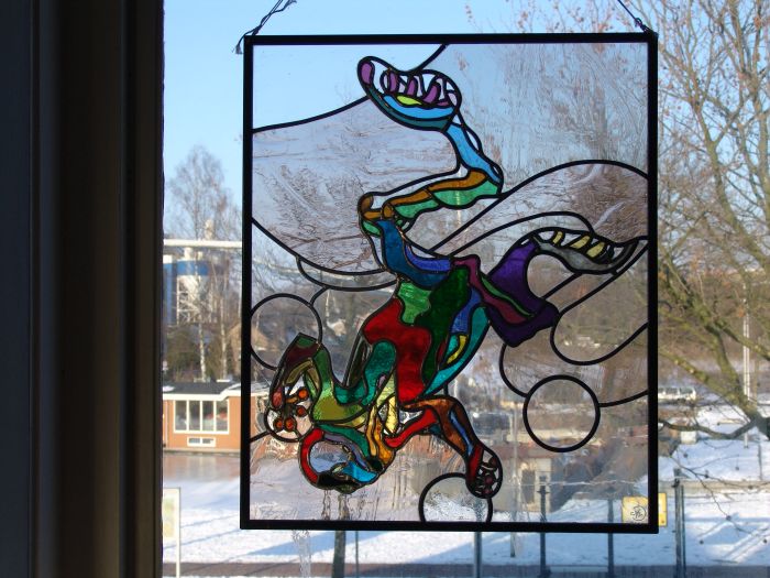 Glas in lood hanger met kikker, ca. 53 x 63cm, &euro; 325,-